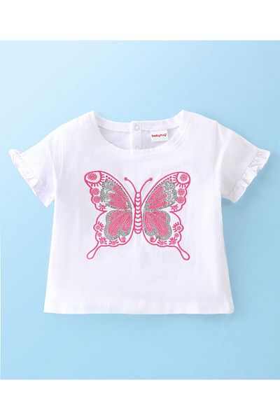 Babyhug Babyhug Cotton Knit Half Sleeves Top and Skirt with Butterfly Embroidered - White & Pink