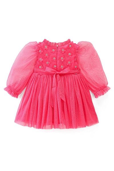 Babyhug Babyhug Full Sleeves 3D Applique Yoke with Glitter Flare Party Frock with Bow Applique - Hot Pink
