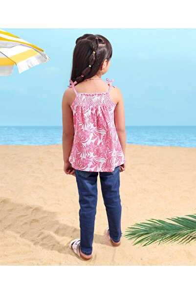 Babyhug Babyhug Cotton Sleeveless Tropical Print Top & Full Length Denim Jeans - Pink & Blue