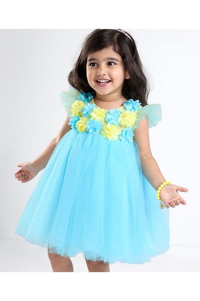 Babyhug Babyhug Flutter Sleeves with Floral Applique in Yoke Party Frock - Light Blue
