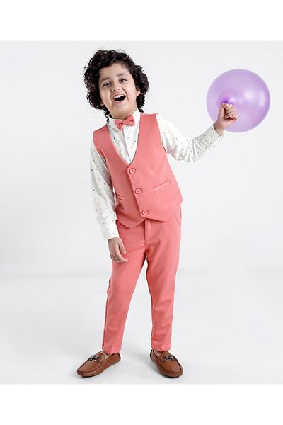 Babyhug Babyhug Full Sleeves Three Piece Party Suit with Bow & Stretch - White & Pink