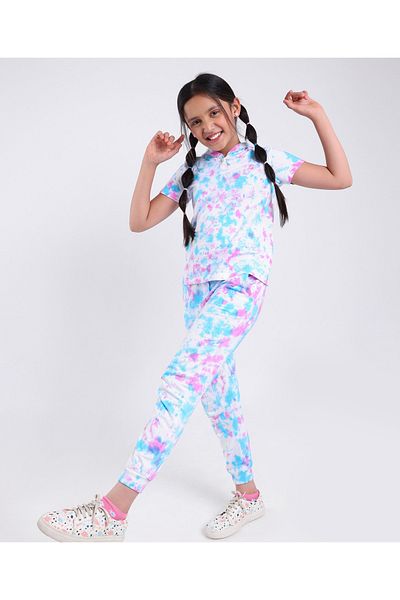 Ollington St. Ollington St. 100% Cotton Tie and Dye Half Sleeves Hooded Top and Knit Joggers Set - Multicolor