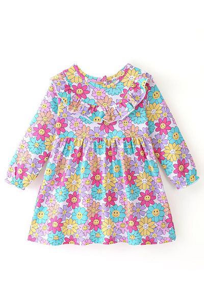 Babyhug Babyhug Cotton Knit Full Sleeves Floral Printed Frock With Bloomer - Multi Color