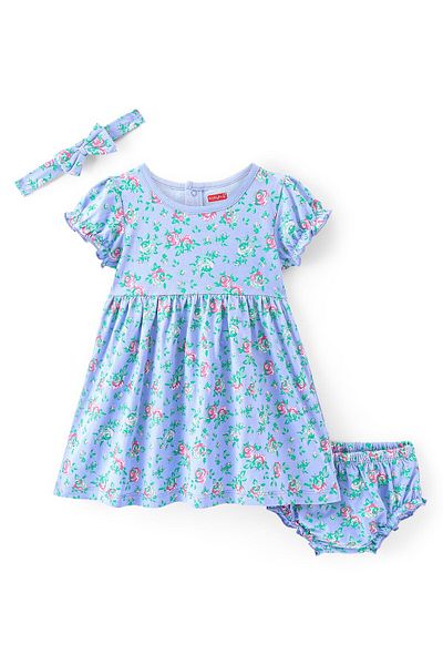 Babyhug Babyhug Cotton Knit Half Sleeves Frock with Bloomer & Hairband Floral Printed - Blue
