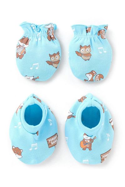 Babyhug Babyhug 100% Cotton Knit Mittens & Booties Set Owl Print - Blue