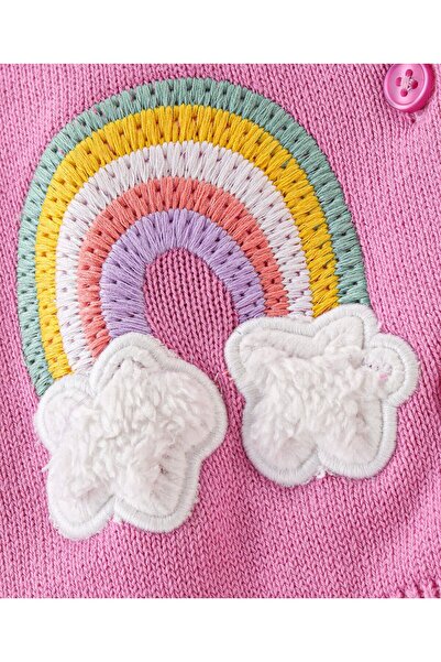 Bonfino Bonfino 100% Cotton Knit Full Sleeve Hooded Cardigan Sherpa Lining Cloud Rainbow Embroidery-Pink