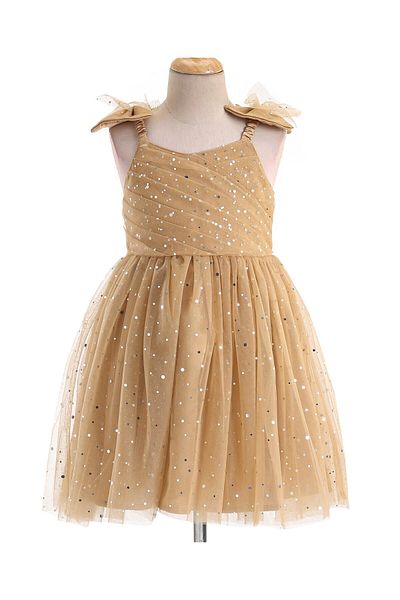Babyhug Babyhug Woven Sleeveless Party Frock With All Over Stick Ons - Beige