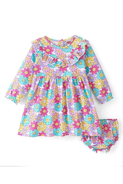 Babyhug Babyhug Cotton Knit Full Sleeves Floral Printed Frock With Bloomer - Multi Color