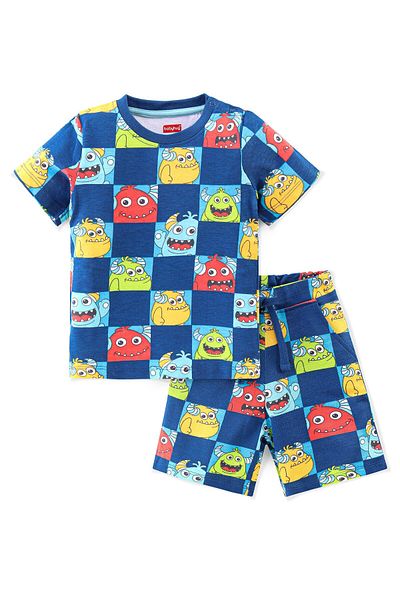 Babyhug Babyhug 100% Cotton Single Jersey Knit Half Sleeves T-Shirt & Shorts/Co/ord Set Monsters Print -Blue