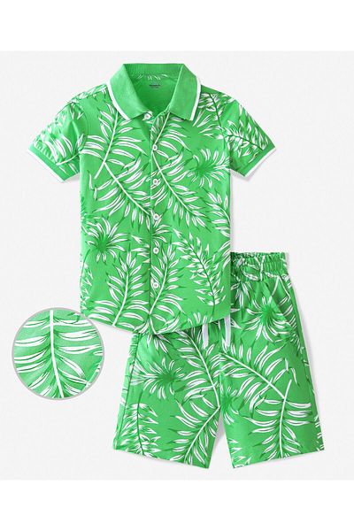 Ollington St. Ollington St. 100% Cotton Knit Half Sleeves T-Shirt & Shorts/Co/ord Set Leafy Print - Green