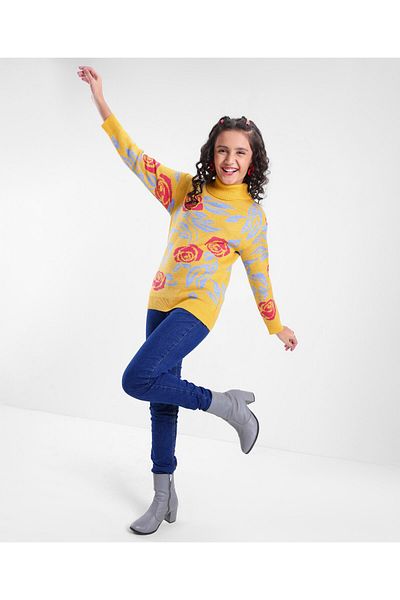 Pine kids %100 Akrilik Örme Uzun Kollu çiçek Desenli Kazak - Hardal Sarısı