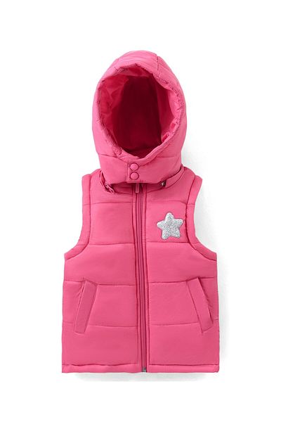 Babyhug Babyhug Sleeveless Solid Color Padded Hooded Jacket With Star Patch Detailing - Pink