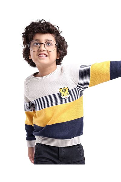 Babyhug Örme Uzun Kollu Kazak جيجيلي Tasarım Kaplan Yamalı - Beyaz Sarı ve Mavi