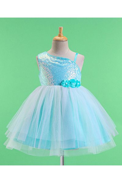 Babyhug Babyhug Woven Sleeveless Party Frock With Sequinned & Floral Applique - Blue