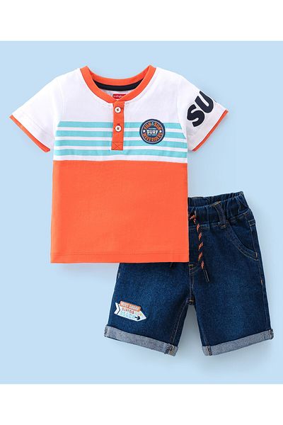 Babyhug Babyhug Single Jersey Knit Half Sleeves T-Shirt & Shorts Set Text Embroidered - Blue & Orange
