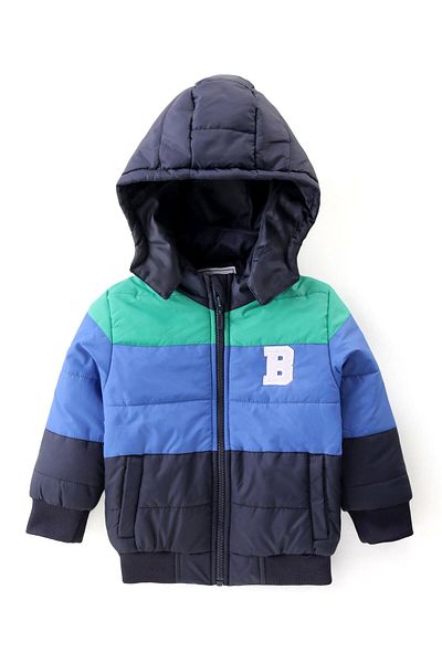 Babyhug Babyhug Woven Full Sleeve Padded Hooded Jacket Colour Block Design & Patch -Navy Blue & Green