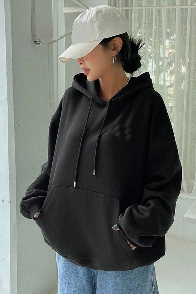 FECCY Pamuklu Unisex Gri Sırt Yıldız Baskılı Kapüşonlu Oversize Sweatshirt