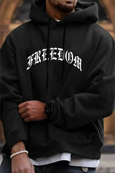 FECCY Hanorac oversize cu glugă, unisex, din bumbac, cu imprimeu Freedom