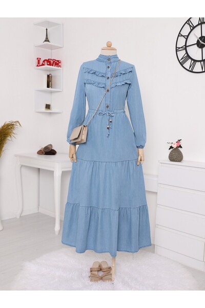 Modamorfo Rochie albastră din denim - Design cu volane în față cu jumătate de nasture, împărțit