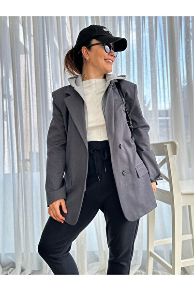 Burcu Özpıranga LUTVE Oversıze Blazer Premıum Kapüşonlu Siyah Ceket