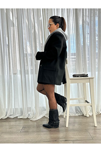 Burcu Özpıranga LUTVE Oversıze Blazer Premıum Kapüşonlu Siyah Ceket