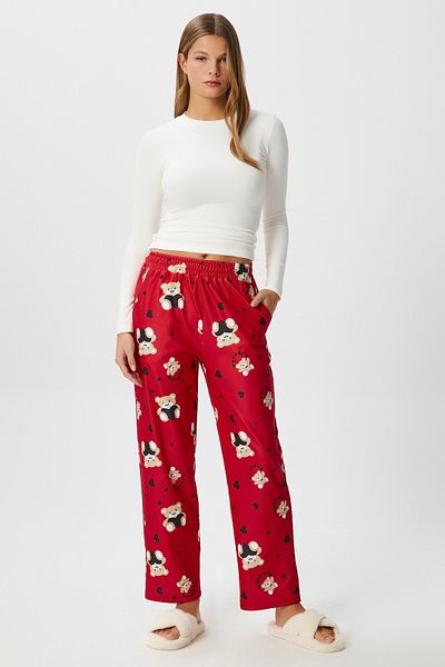 Ritnice Red Teddy Bear Patterned Ultra Soft New Year's Pajama Bottoms with Pockets