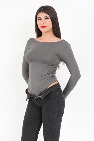 GİYSA Women's Smoked Back Low-Cut Long Sleeve Stretchy Bodysuit - 2440
