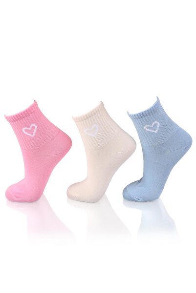 Rays 1100 Чифт от 3 Тенис Чорапи с Детайл Сърца, Розово-Синьо-Бежово