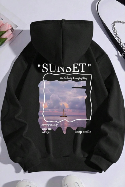 FECCY Hanorac unisex din bumbac cu imprimeu Sunset