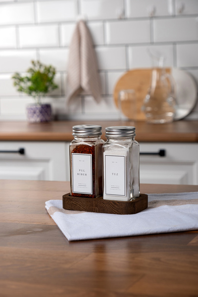 Mienda Home Ahşap Stantlı 2'li Cam Tuzluk Biberlik Beyaz