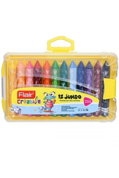 Flair Creative Non-Toxic and Safe for Children 12 pc Jumbo Triangular Wax Crayons Set of 12 Shades