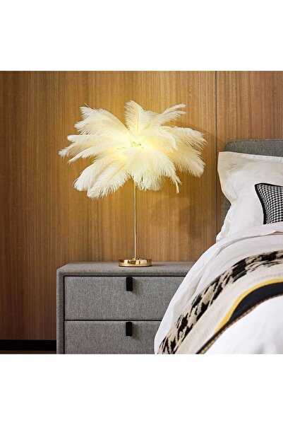 NZL Lighting Masa Lambası Deve Kuşu Tüy Palmiye Beyaz Abajur Tüylü Masa Lamba...
