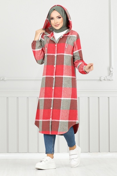 ModaMerve Red Hooded Plaid Tunic - 4000Ktr927-M