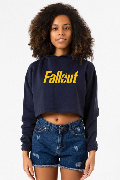 Tshirthane Navy Blue Fallout Letters Women's Crop Hooded Sweatshirt