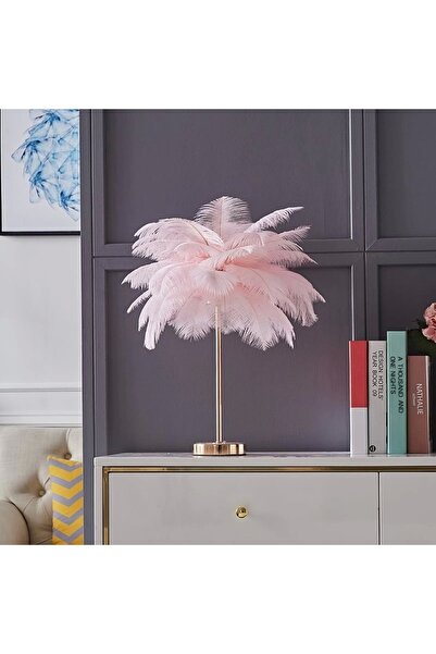 NZL Lighting Masa Lambası Deve Kuşu Tüy Palmiye Pembe Abajur Tüylü Masa Lamba...