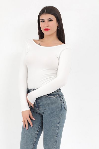 GİYSA Women's Ecru Low-Cut Long Sleeve Stretchy Bodysuit with Snap Fasteners - 2440