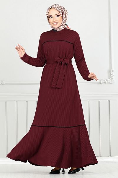 ModaMerve Winter Dress with Piping Detail 4025Pm1063-M Claret Red