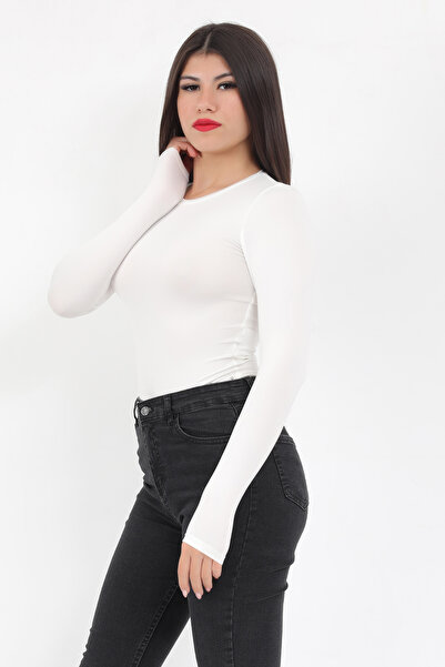 GİYSA Women's Ecru Crew Neck Long Sleeve Stretchy Snap Bodysuit - 2439