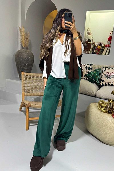 Sohotique By P Velvet Wide Leg Trousers Emerald Green