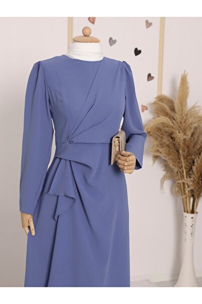 Modamorfo Indigové krepové šaty s asymetrickými výřezy a knoflíky na přední straně