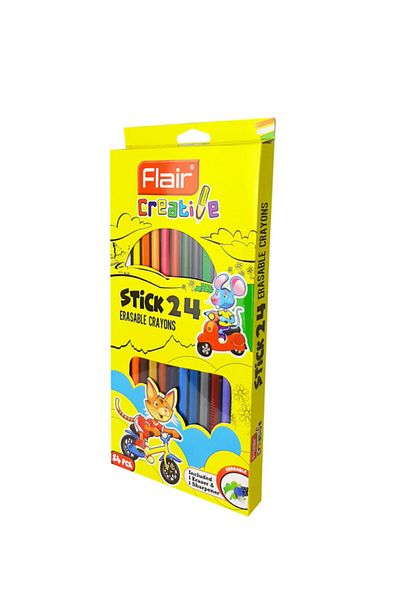 Flair Smooth & Bright Erasable Crayons, Set of 24 Shades with 1 Eraser & 1 Sharpner