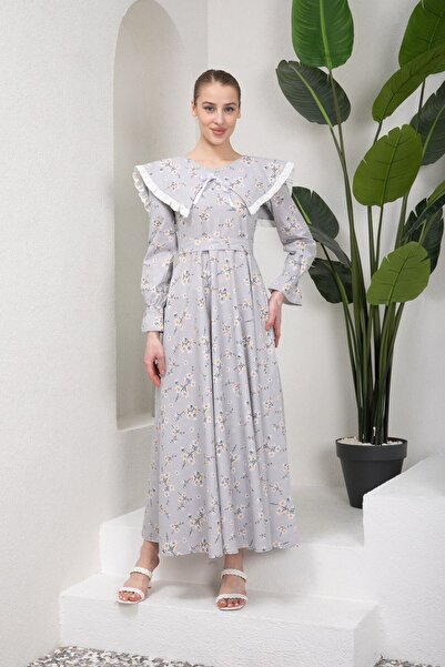 KÜÇÜĞÜM BUTİK Tesettür Bahar Dalı Gri Seyyar Yakalı Kloş Anne Kız Kombini (TEKLİ SATILMAKTADIR)