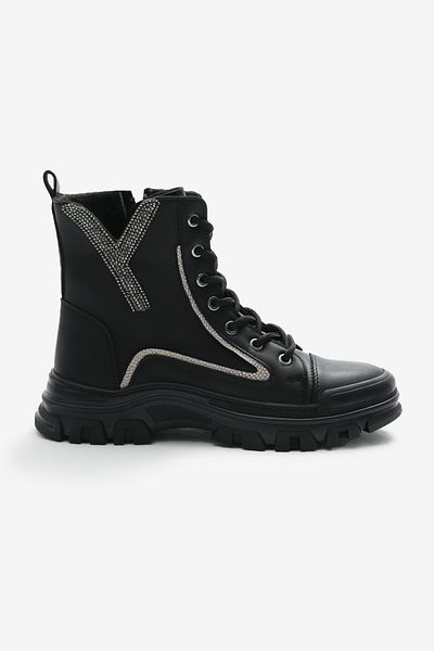 Tonny Black Γυναικείες μαύρες δερμάτινες μπότες Thermo Sole με μοτίβο με κορδόνια και φερμουάρ