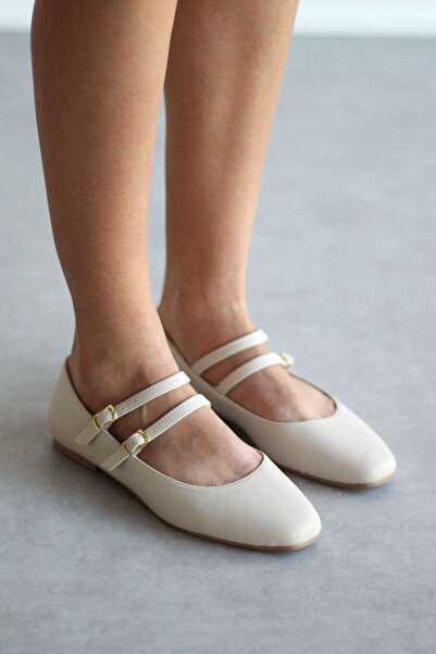 Mida Shoes Ten Deri Çapraz Bantlı Kadın Babet