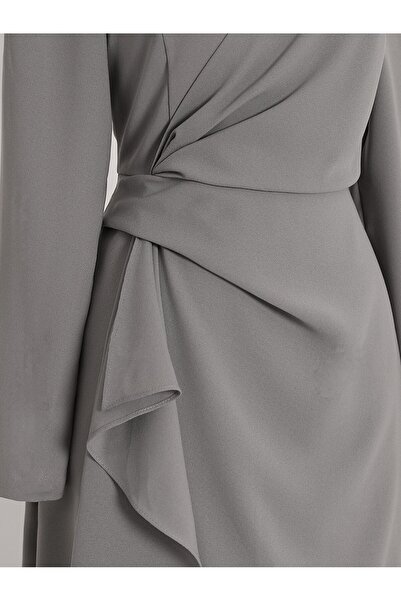 Modamorfo Grey Crepe Dress with Asymmetrical Cutouts and Buttons on Front