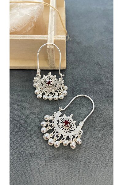 Midyat Artuklu Gümüşçülük Yakut Taşlı Gümüş Deri Model Küpe