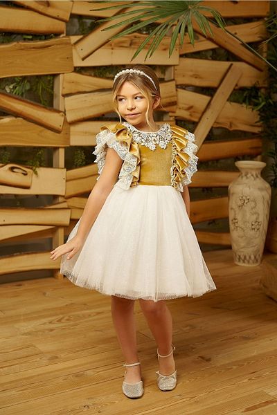 HC Kids Wear Homecoming Velvet Girl's Evening Dress - Princess Dress with Glitter Tulle and Lace Detail