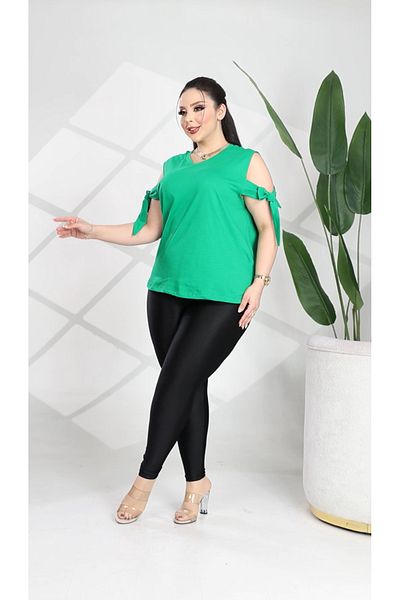 HÜLYA BUTİK Plus Size Women's Green Sleeve Tie Strap Blouse