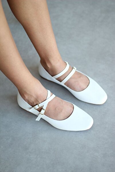 Mida Shoes Beyaz Deri Çapraz Bantlı Kadın Babet