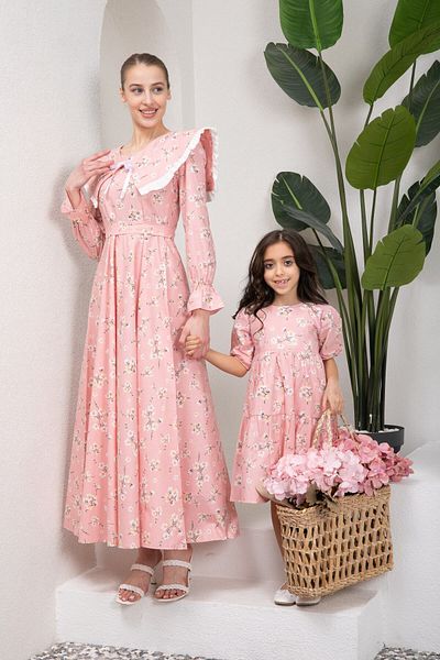 KÜÇÜĞÜM BUTİK Hijab Spring Branch Powder Color Mobile Collar Flared Mother Daughter Combination (ΜΟΝΟ ΠΩΛΕΙΤΑΙ)